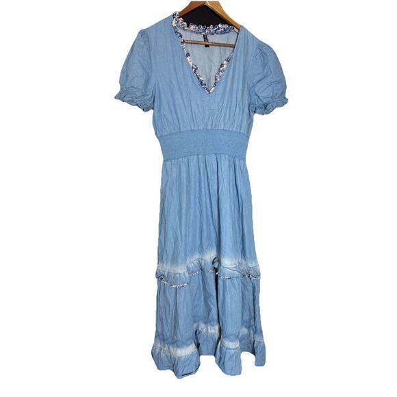 Lapis Womens L Chambray Denim Western‎ Boho Cottage floral puff sleeve babydoll - Picture 1 of 11